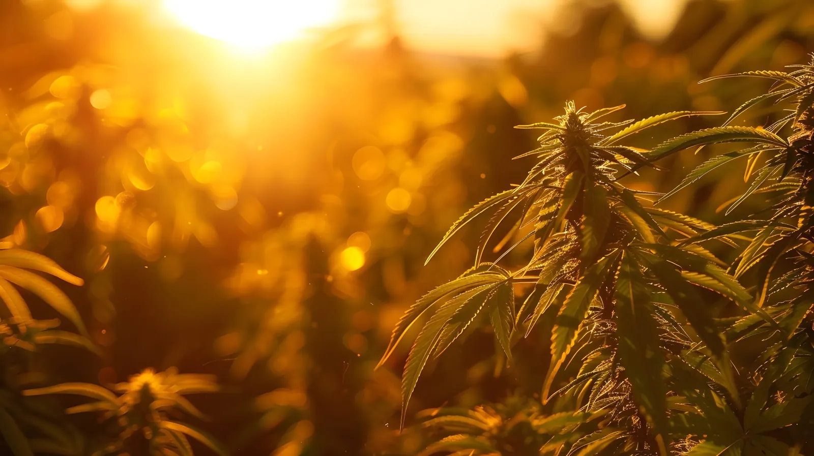 Warm evening light over a flowering hemp plant